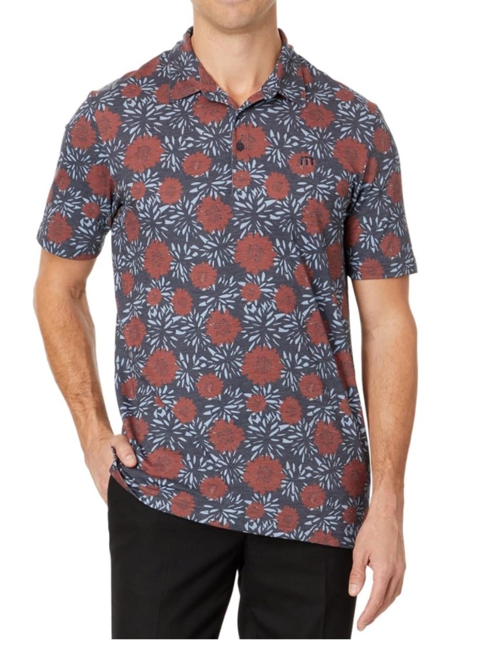Travis Mathew Scenic Pass Charcoal Gray and Red Floral Golf Polo 1MZ124 Size L